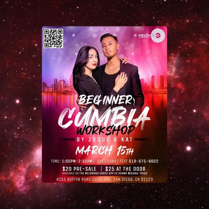 🎉 Let’s Dance Beginner Cumbia Workshop this Saturday, 3/15 with Josue & Kat! 💃🕺 Ready to move, groove, and feel the rhythm of Cumbia? Come join us for an exciting Beginner