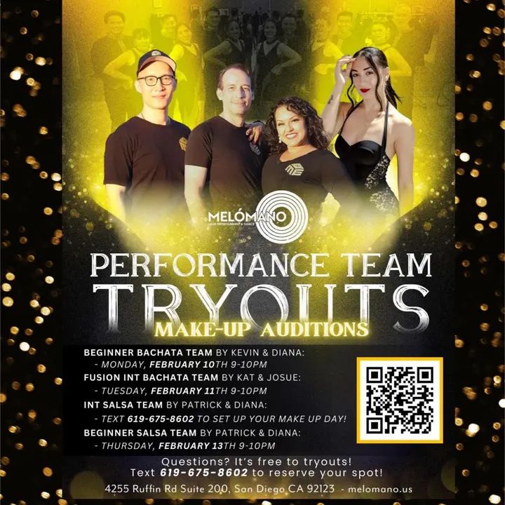 🚨This week! 🚨 Not too late to join the Melómano performance team make up auditions! 🕺🏼💃 Monday 2/10 Begginer Bachata at 9pm! Tuesday 2/11 Intermediate Bachata Fusion
