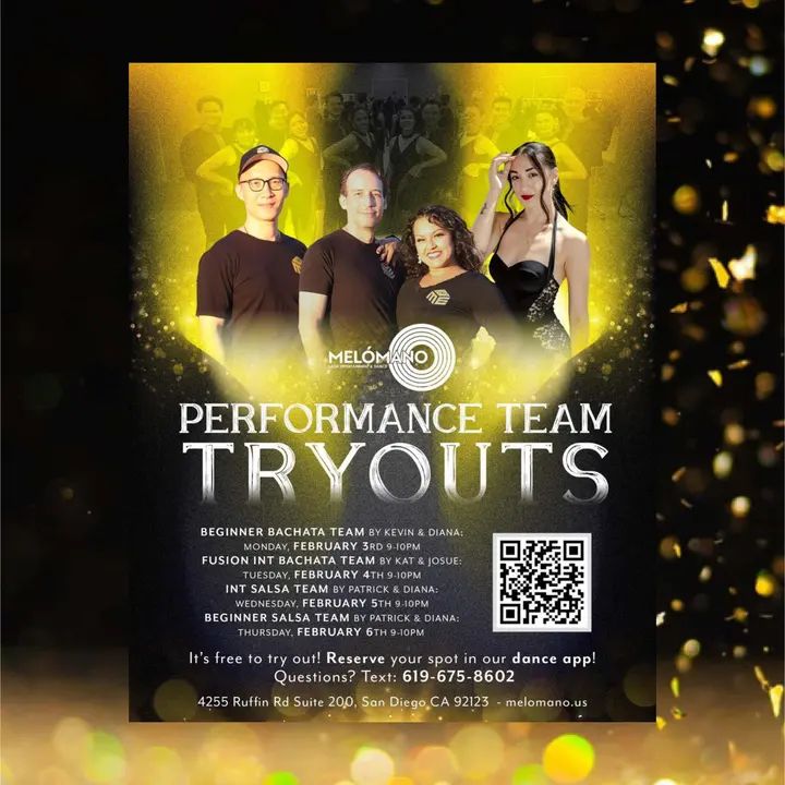 Melómano Performance Team Auditions! 🌟 This week! 🔹Bachata Beginner Level MONDAY 2/3 at 9pm to 10pm! Directed by Kevin and Diana 🙌🏼 🔸Bachata Fusion Intermediate Level