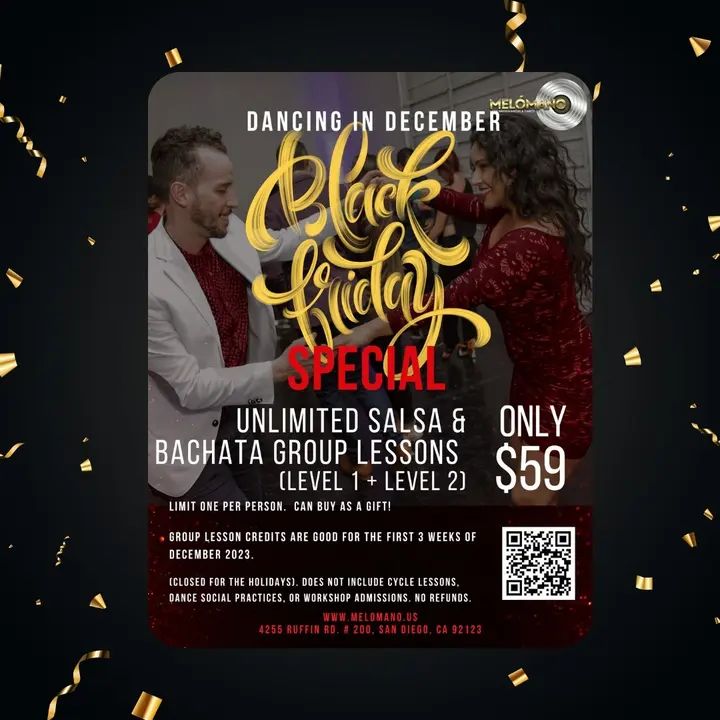 📣 THE BLACK FRIDAY SPECIAL is LIVE NOW! 🤩 60% off dance lessons in December! 😮 3 weeks of UNLIMITED Salsa and Bachata Group lessons for ONLY $59! 🤩 Snag this exclusive de