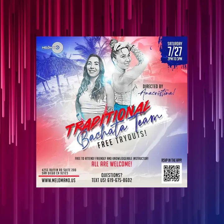 Title: Melómano Traditional Bachata Team FREE Tryouts! 7/27! 🔥Join Anacristina Ramirez for her FIRST TRADITIONAL BACHATA TEAM with the Melómano Fam! Be part of history as we