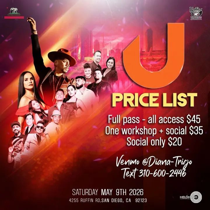 🚨SD Unified pricing is here!🔥 Venmo @ Diana-Trigo to secure your spot now!💃🕺 Unified On2 Social Not just a Social…. It’s an Experience! 📍 Champion Ballroom 🏆 4255 Ruf