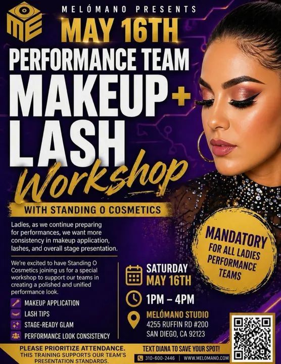 Ladies, it’s time to level up the PERFORMANCE LOOK! ✨💄🔥 Join us for our Makeup + Lash Workshop with Standing O Cosmetics and learn the essentials for a polished, stage-rea