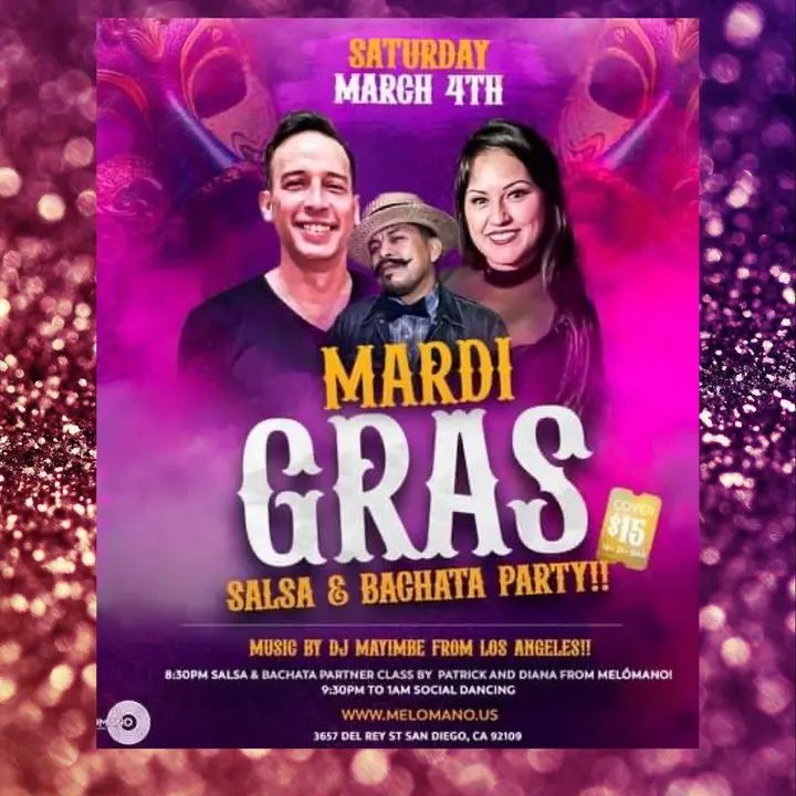 The Melómano ✨ Mardi Gras Salsa and Bachata Party is going down March 4th at Tango Del Rey! 🎉 Don’t miss this fun event!🥳 📿🎭We will be giving out beads and bracelets-