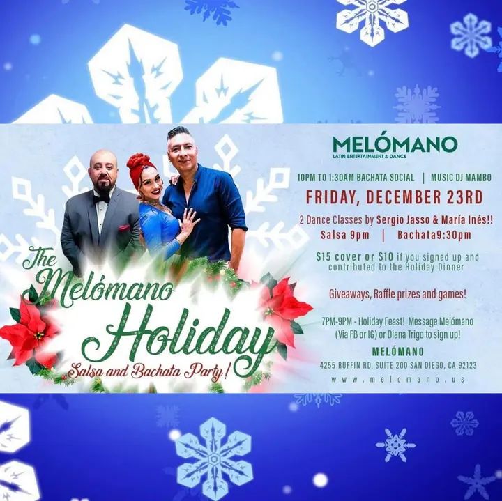 A Holiday Party for Dancers! 🎉 ONLY $10 PRE-SALE!!! 😱 The Melómano Holiday Salsa & Bachata Party is going down Saturday, December 23rd!! 🤗 We’re eating at 7pm, 9pm Sals