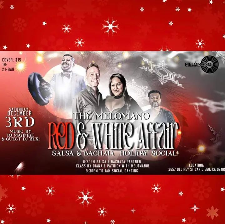 The Melómano Red ❤️& White🤍 Salsa and Bachata Holiday Party is going down Saturday, December 3rd at Tango Del Rey! 🎉 Don’t miss this fun event!🥳 ❤️🤍❤️🤍❤️Wear your best