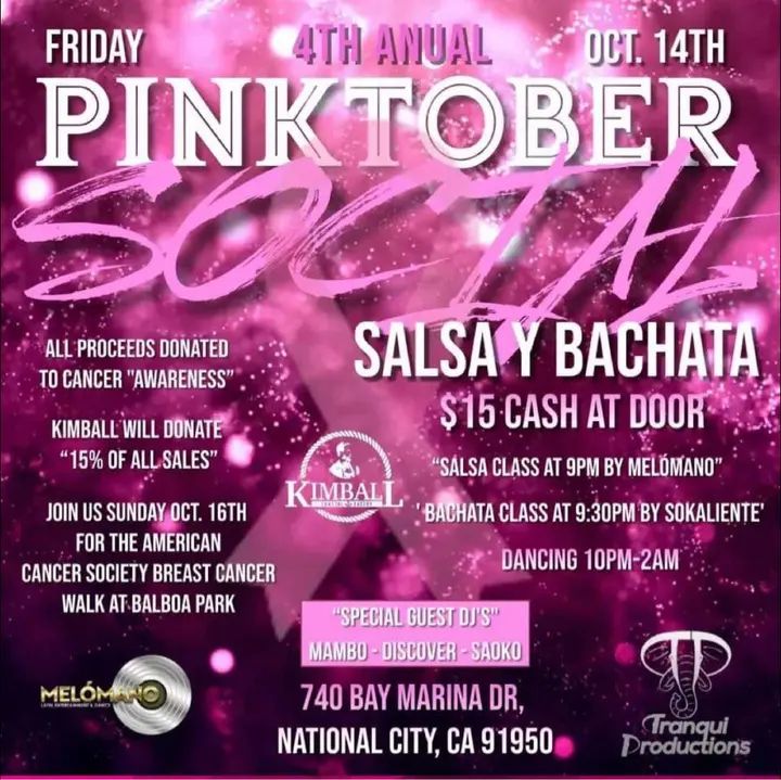 Tranqui Productions🐘 and Melómano Entertainment📀 present: The PinkTober🎀 Salsa and Bachata Social!!! 🐘🎀📀🕺💃 It's time to give back to a cause that is near and dear to