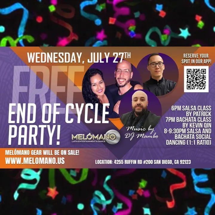 Melómano End of Cycle Party: FREE Classes and Salsa & Bachata Social! 7/27! It's time to celebrate! 🥳 Introducing the Melómano End of Cycle Party: FREE Classes AND Salsa &