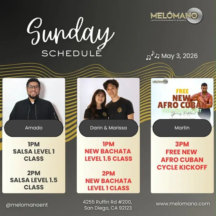 Happy Sunday, dancers! ❤️ ✨Ready to move? Join us for beginner-friendly group classes and level up your skills today! 💃🕺✨ 🕕 1pm 🔸 Salsa On2 – Level 1.5 🔸Bachata -Leve