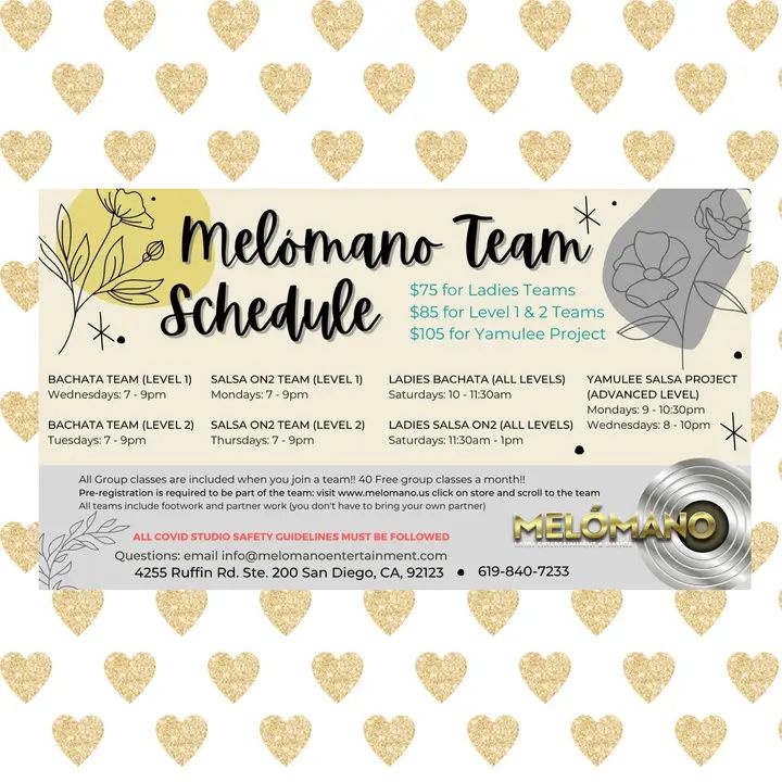 So happy to introduce our NEW class and dance team schedule for APRIL!!! 🎉 Sign up for classes and teams at www.melomano.us and click on store to sign up! 💃🏽 🕺🏼 We can’