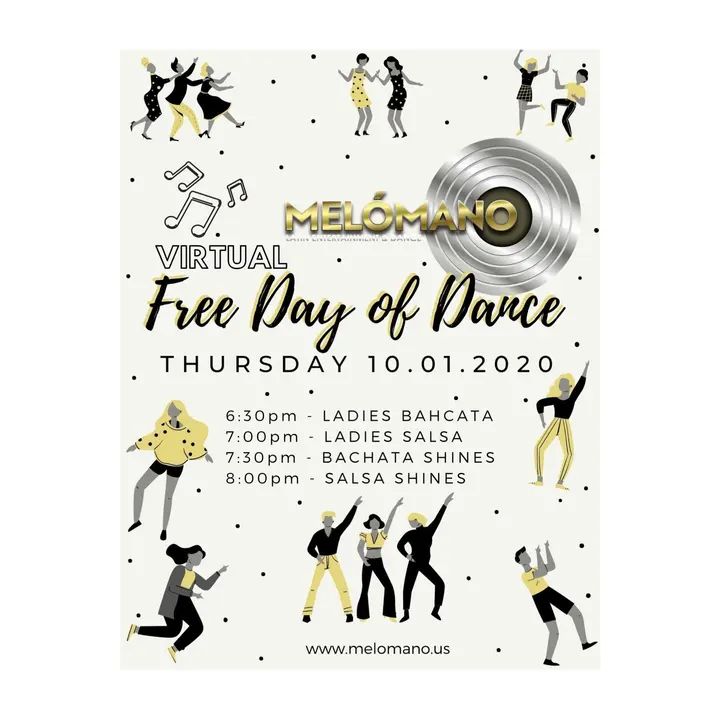 FREE DAY OF DANCE!! Virtual Edition! 👨🏽‍💻💃🏽 Join us October 1st!! 🔹6:30pm Ladies Bachata 🔹7pm Ladies Salsa 🔹7:30pm Bachata Shines 🔹8pm Salsa Shines More info ⤵️ h