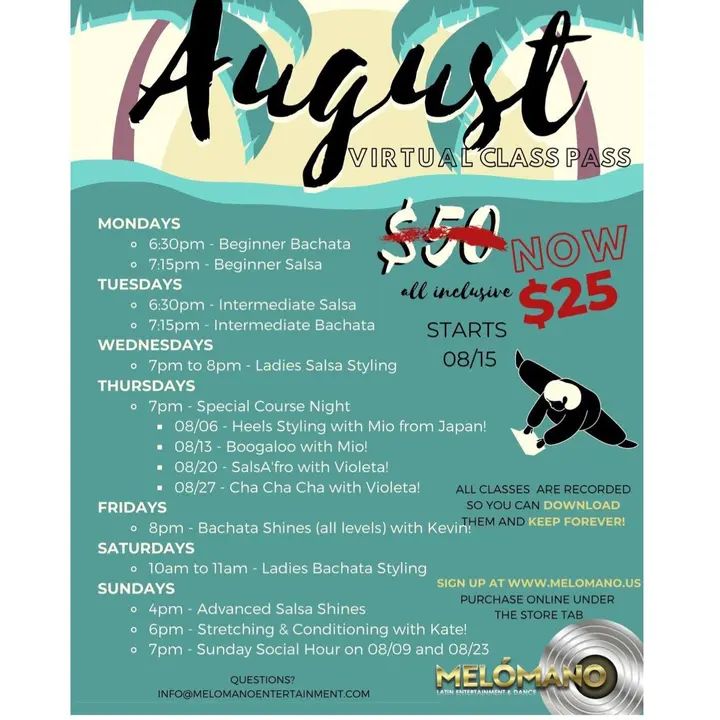 🚨 Only $25 for the following online classes: ✅ 2 classes with Violeta Salsera! ✅ 3 classes with Kevin Qin! ✅ 3 ladies Bachata styling classes! ✅ 2 Ladies Salsa styling c