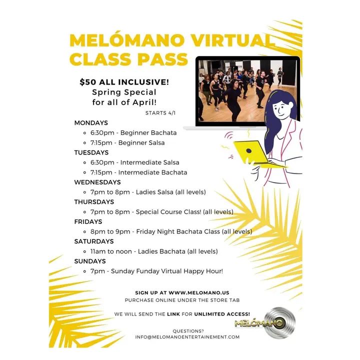 The Melómano Virtual Class pass is here!! For only $50 this month you get an all inclusive access! Special for month of April! (STARTS 4/1 but you can sign up anytime!) CLAS