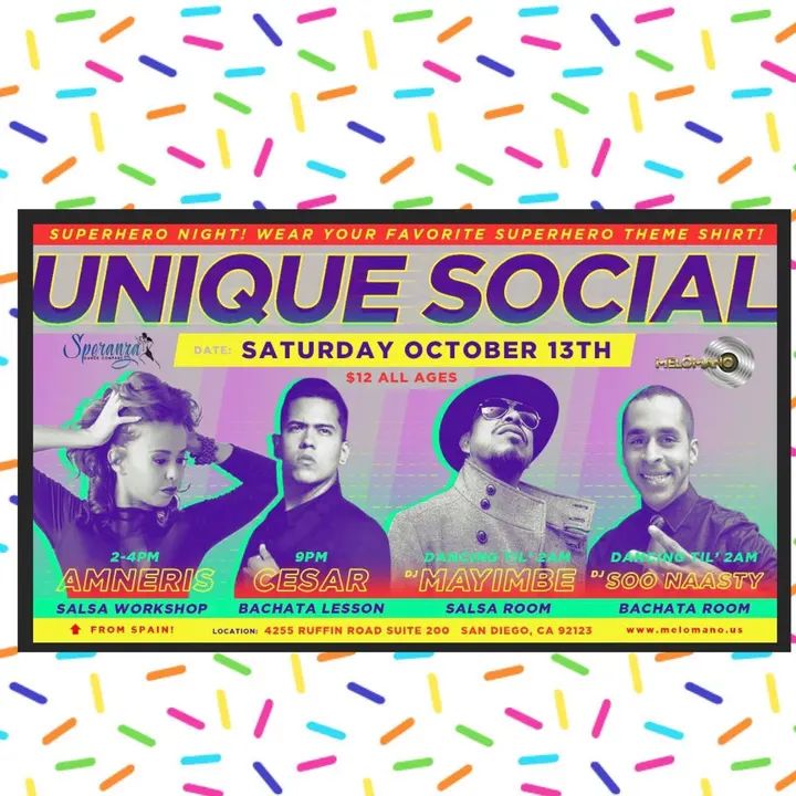Unique Salsa & Bachata Social💃🏻 THIS SATURDAY October 13th!!! We’re dancing till 2am!!! 🔥🔥🔥 $12 for the social ✅ 9pm Bachata class by World Champion Cesar Mastache! Al