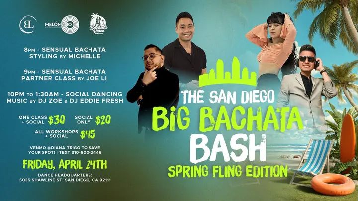 It's going down this FRIDAY!🌸🌷 The San Diego Big Bachata Bash – Spring Fling Edition! 🌷🌸 Get ready for an unforgettable night brought to you by Melómano Dance Studio, Bach