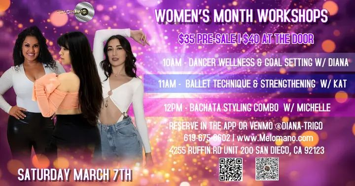 ✨ WOMEN’S MONTH WORKSHOPS ✨ Join us on Saturday, March 7th!💜💜💜 We’re coming together to celebrate strength, artistry, and growth through movement. Join us for a full mor