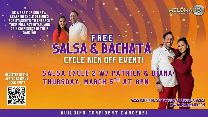TONIGHT! FREE Salsa Cycle 2 KickOff at 8:00PM with Patrick & Diana!💃🕺 Join us for the NEW Cycle and take your dancing to the next level! 🤩 These cycles are designed to hel