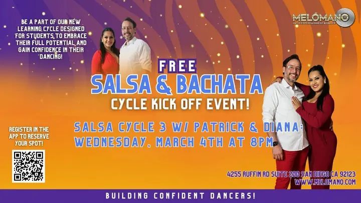 TONIGHT! FREE Salsa Cycle 3 KickOff at 8:00PM with Patrick & Diana!💃🕺 Join us for the NEW Cycle and take your dancing to the next level! 🤩 These cycles are designed to hel