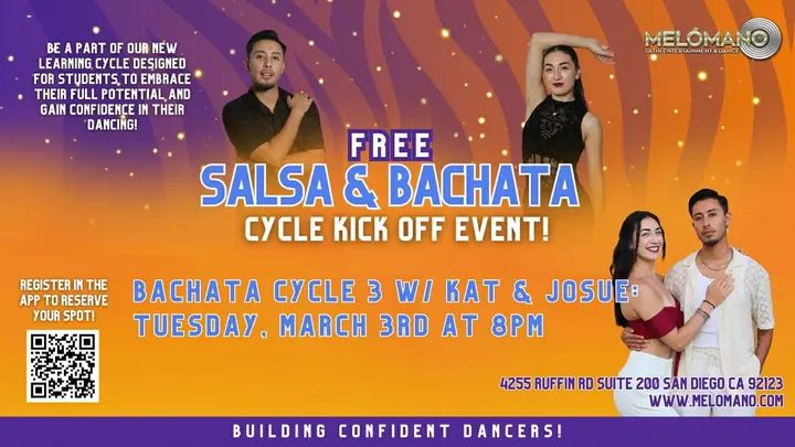 TONIGHT! FREE Bachata Cycle 3 KickOff at 8:00PM with Kat & Josue!🕺🏻 Join us for the NEW Cycle and take your dancing to the next level! 🤩 These cycles are designed to help