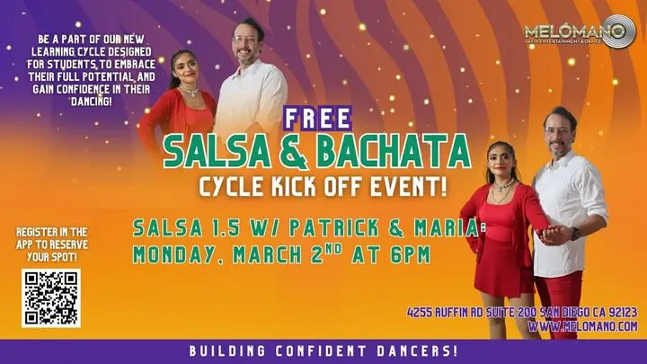 TONIGHT! FREE Salsa Cycle 1.5 at 6:00PM with Patrick & Maria!💃🏻🕺🏻 Join us for the NEW Cycle and take your dancing to the next level! 🤩 These cycles are designed to help