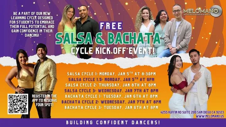NEW SALSA and BACHATA DANCE CYCLE KICK OFFS START in JANUARY 2026🥳 Join us for the NEW Cycle! 🤩 These Cycles have been a BIG hit! Come check it out for one FREE session! NO