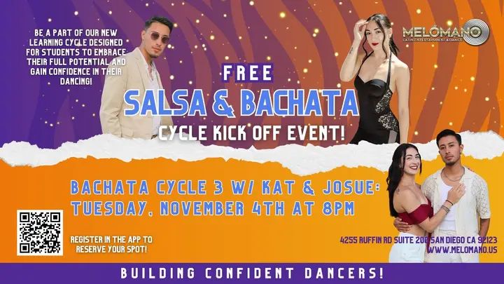 🚨TONIGHT! FREE BACHATA CYCLE 3 KICK-OFF at 8:00PM!🥳 • These Cycles have been a BIG hit! Come check it out for one FREE session! NOW is the time to learn new moves and take