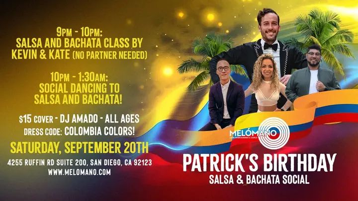 THIS SATURDAY!!! We’re turning up the heat for Patrick’s birthday with a Colombia-themed Salsa & Bachata social 🎉🔥🥳 Come celebrate Patrick and Valentin’s birthdays with a