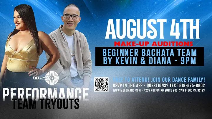 MAKE-UP TRYOUTS TONIGHT at 9PM!!🥳🙌🏻 Join the Melómano Beginner Bachata partner performance teams!! 👯‍♀️💃🏽Friendly environment with positive vibes!✨Directed by Kevin an