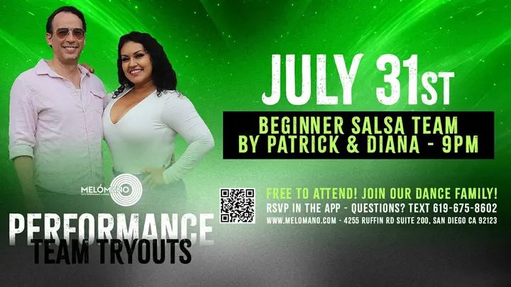 TONIGHT at 9PM!!🥳🙌🏻 Join the Melómano Beginner Salsa Partner performance teams!! 👯‍♀️💃🏽Friendly environment with positive vibes!✨Directed by Patrick and Diana! Come ch