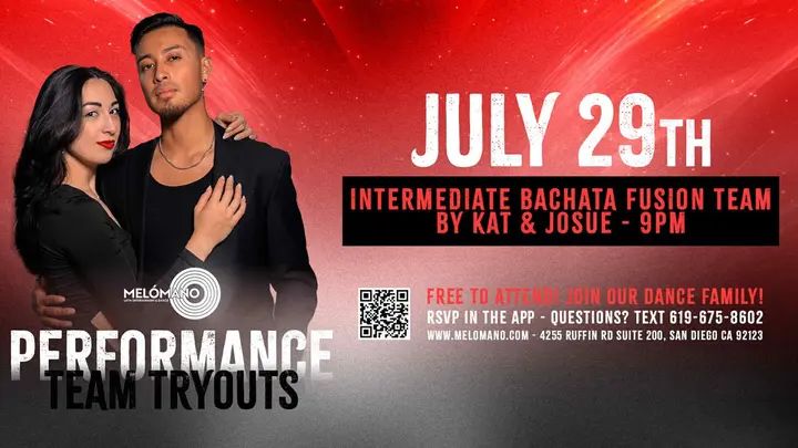 TONIGHT at 9PM!!🥳🙌🏻 Join the Melómano Intermediate Bachata Fusion Team!! 👯‍♀️💃🏽Friendly environment with positive vibes! 🙌🏼 Directed by Kat and Josue! ⭐️It’s FREE to