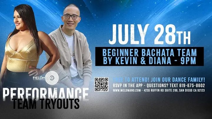TONIGHT at 9PM!!🥳🙌🏻 Join the Melómano Beginner Bachata partner performance teams!! 👯‍♀️💃🏽Friendly environment with positive vibes!✨Directed by Kevin and Diana! Come ch