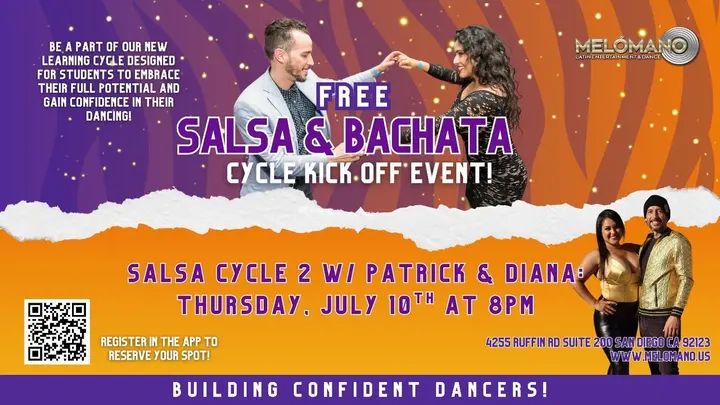 🚨TONIGHT! FREE SALSA CYCLE 2 KICKOFF AT 8PM!🌞🌴 These Cycles have been a BIG hit! Come check it out for one FREE session! NOW is the time to learn new moves and take your d