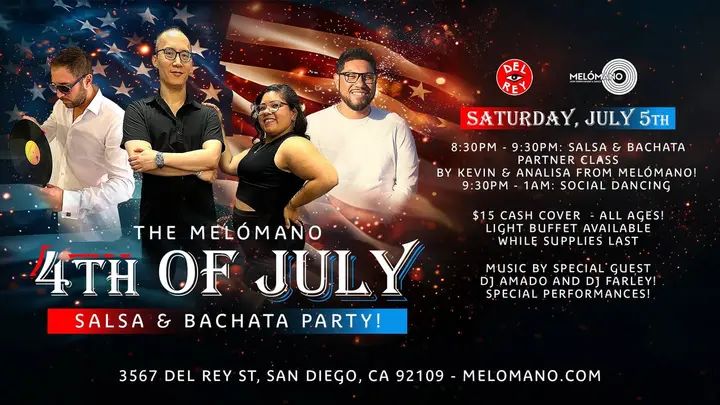 📢The Fourth of July Dance party is on! Salsa & Bachata Dancing at Tango Del Rey this SATURDAY, July 5th!!!! 🎉 EVERY FIRST Saturday of the month, join us for great music and