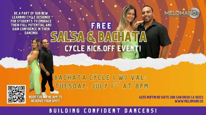 🚨TONIGHT! FREE BACHATA CYCLE 1 KICK-OFF at 8PM!🌞🌴 These Cycles have been a BIG hit! Come check it out for one FREE session! NOW is the time to learn new moves and take you
