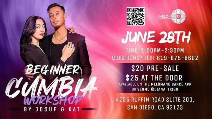 🎉 Let’s Dance! Beginner Cumbia Workshop with Josue & Kat! 💃🕺 Ready to move, groove, and feel the rhythm of Cumbia? Come join us for an exciting Beginner Cumbia Workshop wi