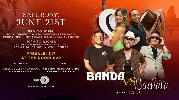 🎉 You’re Invited! 🎉 The Banda Vs. Bachata Social! It’s going down on Saturday, June 21st!🥳 Get ready for a night of high energy, great music, and non-stop dancing!🔥 👢