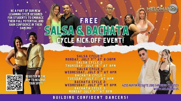 NEW SALSA and BACHATA DANCE CYCLE KICK OFFS STARTS in JULY 2025🥳 join us for the NEW Summer Cycle! 🤩 These Cycles have been a BIG hit! Come check it out for one FREE sessio