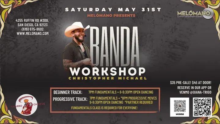 This Saturday!!! Special Banda Workshop! 🤠Get your pre-sale tickets ahead of time! 🙌🏼Only $35 for 2 hours plus open dancing! 🤩 🗓 DATE: Saturday, May 31st! ⏰ TIME: 🤠 7