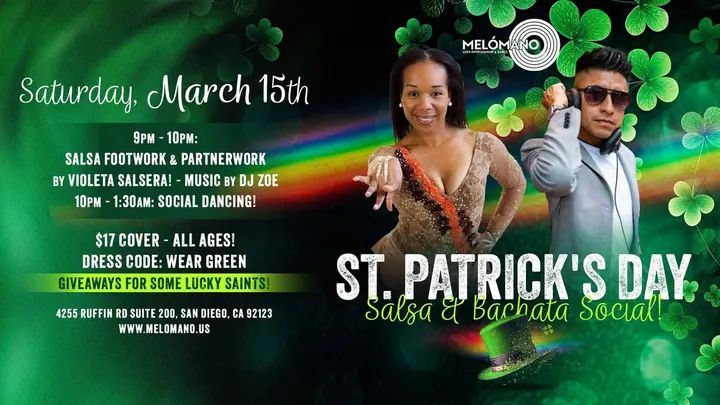 ☘💃 St. Patrick’s Day Salsa & Bachata Social! 💃☘ is going down tomorrow Saturday, March 15th! Get ready to dance the night away with some Latin flair and a touch of Irish lu