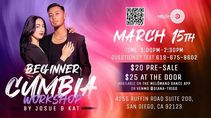 🎉 Let’s Dance Beginner Cumbia Workshop this Saturday, 3/15 with Josue & Kat! 💃🕺 Ready to move, groove, and feel the rhythm of Cumbia? Come join us for an exciting Beginner