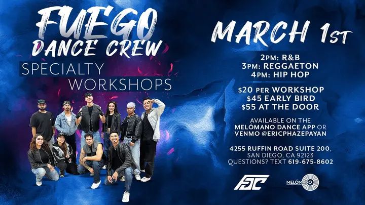 💃🕺 Let’s Dance the Day Away with Fuego Dance Crew! 🔥 Get ready for an epic day of R&B, Reggaeton, and Hip Hop! Sign up and let’s start moving! 🗓 DATE: Saturday, March 1s