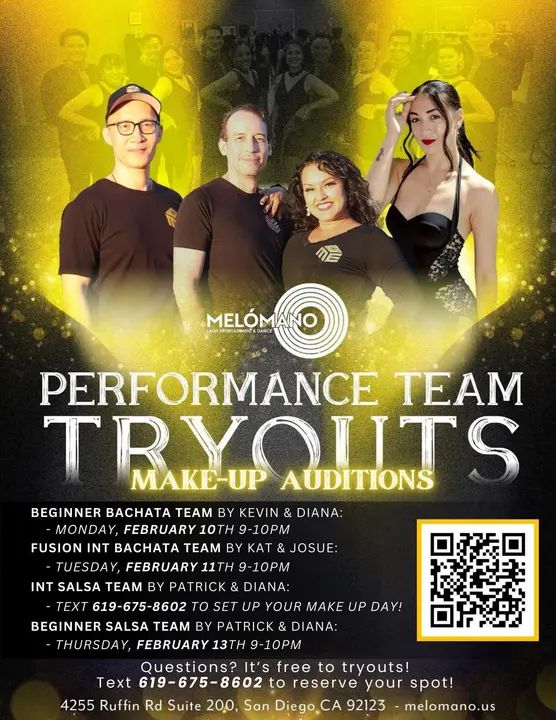 🚨This week! 🚨 Not too late to join the Melómano performance team make up auditions! 🕺🏼💃 Monday 2/10 Begginer Bachata at 9pm! Tuesday 2/11 Intermediate Bachata Fusion