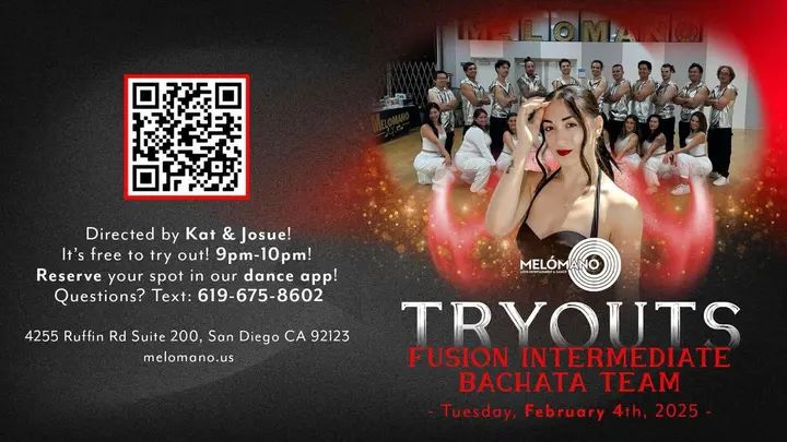 Join the Melómano Fusion Intermediate Bachata partner performance teams TONIGHT!! 👯‍♀️💃🏽Friendly environment with positive vibes! 🙌🏼 Directed by Kat and Josue! 🗓 DATE: T