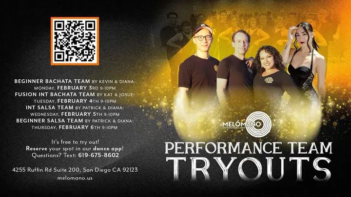 Melómano Performance Team Auditions! 🌟 This week! 🔹Bachata Beginner Level MONDAY 2/3 at 9pm to 10pm! Directed by Kevin and Diana 🙌🏼 🔸Bachata Fusion Intermediate Level