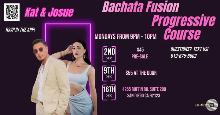 🌟 Level Up Your Bachata with Kat & Josue! 🌟 Ready to bring your bachata moves to the next level? Join us for three incredible Mondays of fusion-packed bachata learning with
