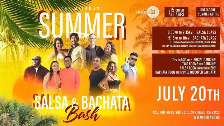 Welcome to the hottest party of the summer! 🎉 The Melómano Summer Salsa & Bachata Bash is going down on Saturday, July 20th!💥 🗓 Saturday, July 20th🔥 ⏰ 8:30pm to 9:15pm -S