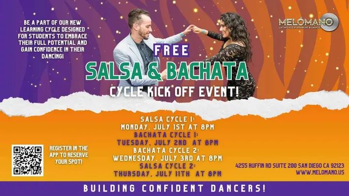 NEW SALSA and BACHATA DANCE CYCLE KICK OFFS START IN JULY 🥳 These Cycles have been a BIG hit! Come check it out for one FREE session! NOW is the time to learn new moves and