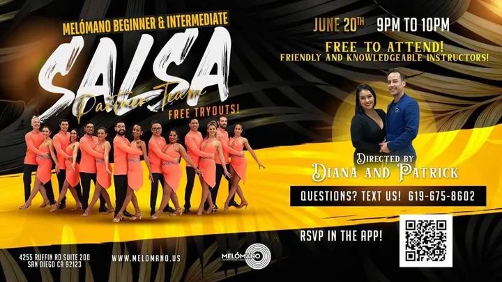 Join the Melómano Salsa partner performance teams!! 👯‍♀️💃🏽Friendly environment with positive vibes! 🙌🏼 Come check out the FREE Melómano Salsa Partner Team Tryout! 🙌