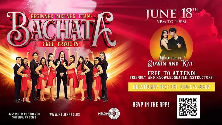 The Melomano Beginner Bachata Performance Team by Edwin and Kat! FREE Tryout THIS TUESDAY June 18th at 9pm! Please RSVP your spot in our dance app! 🗓DATE: 💃Tuesday, June 18