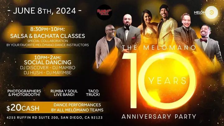 10 years in the making! Come celebrate with us! 🥳 The Melómano 10 year anniversary party! Saturday, June 8th! 🚨Early arrival highly recommended!🚨 A great night of danci